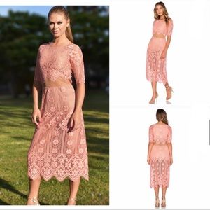 For Love and Lemons Lace Illusion Pink Midi Dress